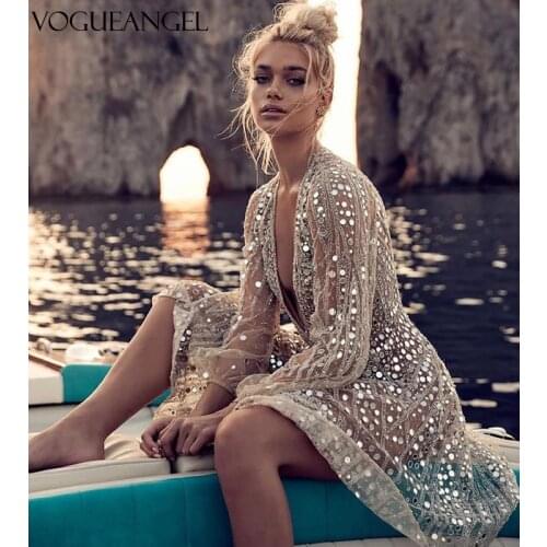 Women Sexy Deep V Neck Sequin Party Dress Lantern Long Sleeve Silver Mini Dress Bandage Club Holiday Dress Vestidos