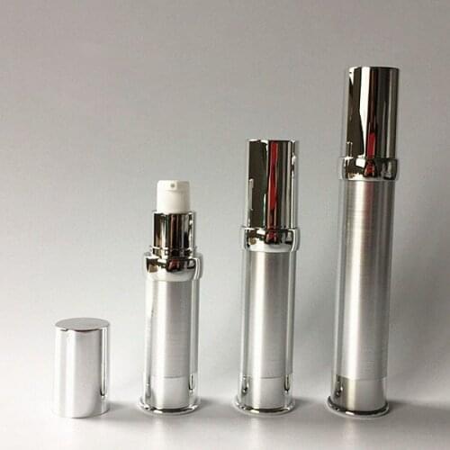 15/20/30ml Wire drawing silver airless bottle w white lotion pump bottle Cosmetic Container Refillable Bottles