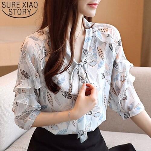 Blusas Mujer De Moda 2021 Summer Casual Loose V Neck Slim Shirts Women Short Sleeve Chiffon Blouse Women Bow Ladies Tops 8979 50