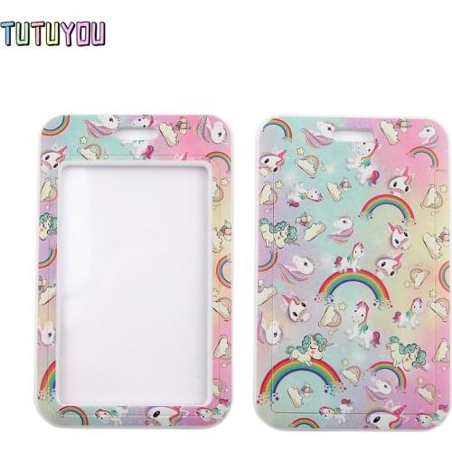 1pc PC2716 Cartoon Rainbow Lucky Horse Lanyard Credit Card ID Holder Student Travel Bus Business Card Cover Badge Gifts