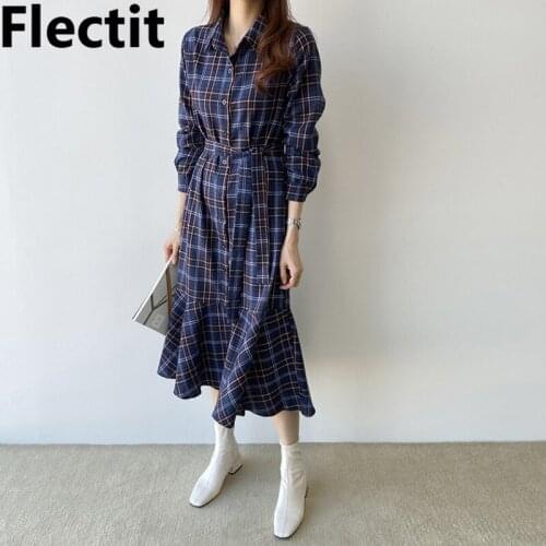 Flectit Women Checked Long Sleeve Tie Waist Shirt Dress With Belt Ruffled Hem Collared Midi Dress Spring Autumn Vintage Outfit