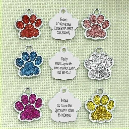38x38cm Personalized Dog Tags Engrave dog Pet ID Name Collar Tag Pendant Pet Accessories Paw Glitter Personalized Dog Collar Tag