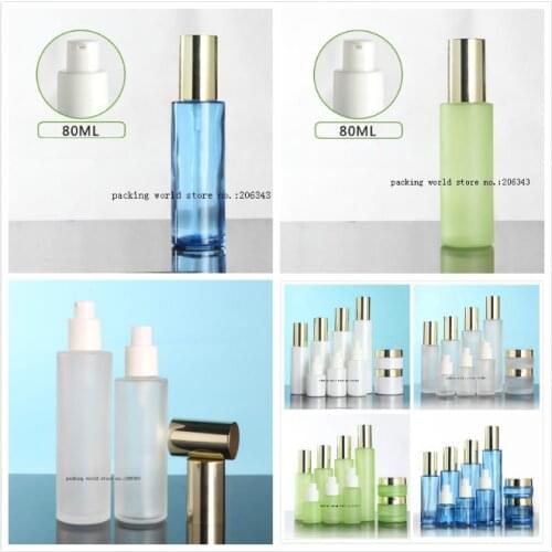 80ml frosted/green/blue glass pump bottle whith shiny silver lid for serum/lotion/emulsion/foundation/gel cosmetic packing