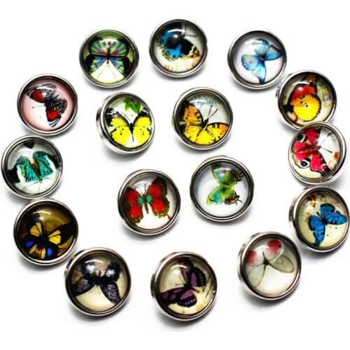 Mixs 10pcs/lot Butterfly Snap Buttons 12mm Print Glass Cabochon Snap Charms Fit DIY Ginger Snap Bracelet Earrings Jewelry