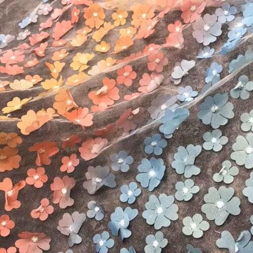 Fashion Soft Colorful Three-dimensional Gradient Small Flower Embroidery Mesh Lace Fabric For Dress Shirts, By The Yard