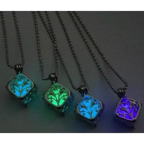 Antique Luminous Stone Pendant Necklace Glowing in the Dark Beads Pendant Square Metal Charming Necklace Women Jewelry