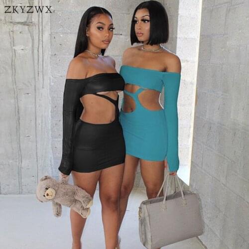 ZKYZWX Sexy Night Party Club Dress for Women Clothes Off Shoulder Long Sleeve Backless Hollow Out Short Bodycon Mini Dresses
