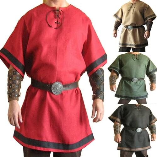 Medieval Viking Warrior Costume Vintage Renaissance Viking Knight Outfit LARP Costume Adult Men Nordic Army Pirate Tunic Shirt