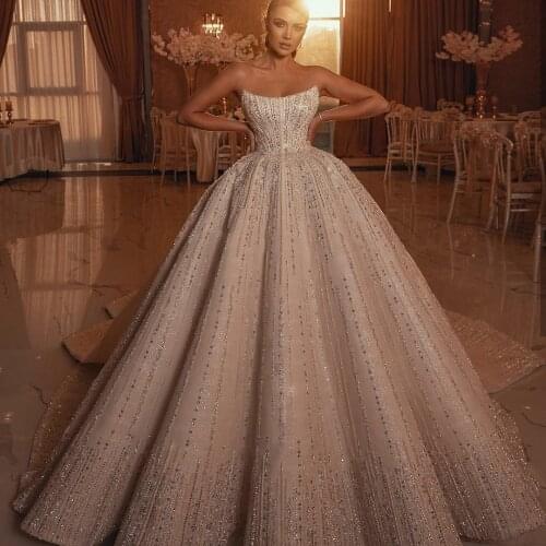 Luxury Sequined Strapless Wedding Dress 2021 New Stunning Bridal Gowns Saudi Arabic Plus Size vestido de novia