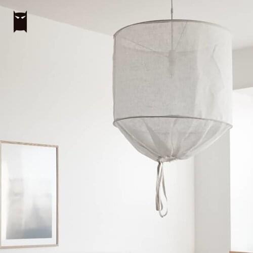 White Linen Fabric Cylinder Pendant Light Fixture Nordic Scandinavian Contemporary Art Deco Hanging Ceiling Lamp Design Foyer