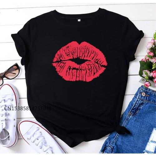 Summer TShirt Soft Premium XS-4XL Sexy Red Lip Print Fashion Women Shirts Crew Neck Short Sleeve Female T Shirt Pink Top Tee