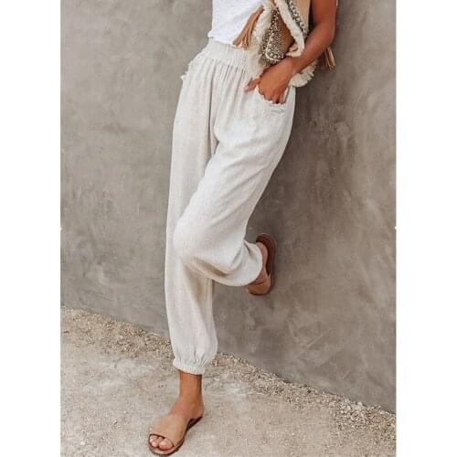 Spring and summer new fashion womens mid-waist waist ankle pants loose solid pockets ladies tie foot pants casual pants