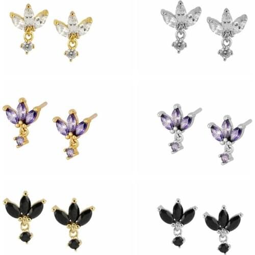 Aide Trendy 925 Sterling Silver Three Zircon Black/White/Purple Stud Earring for Women Gold Silver Small Piercing Fine Jewelry