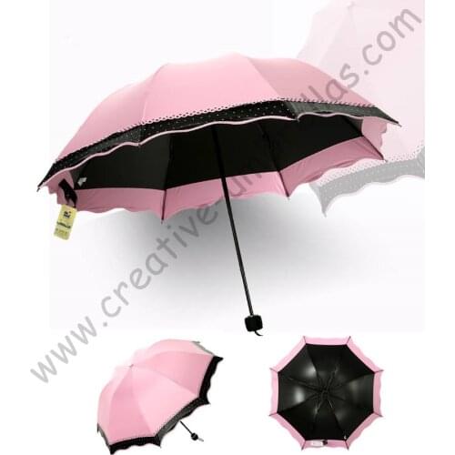 Ladies' summer 100%sunscreen UPF>50+ folding mini umbrella 5 times black coating UV protecting women two layers lace parasol