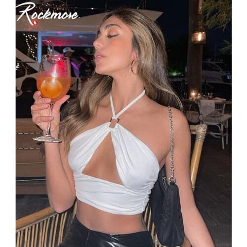 Rockmore Hollow Out Metal Buckle Hanging Neck Cami Tank Top Sexy Night Club Party Backless Crop Tops Female Sleeveless Mini Vest