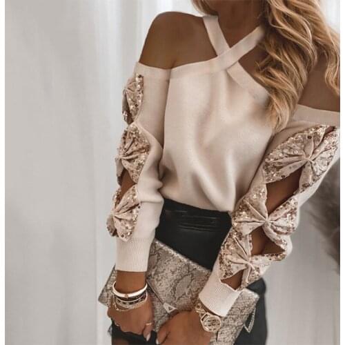 New hot sale off shoulder bow knot Sequin long sleeve top women