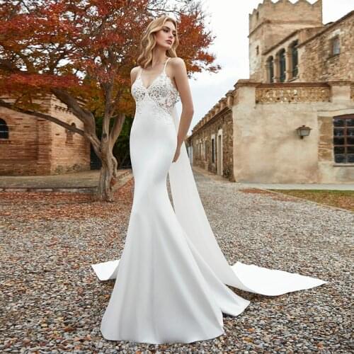 V-Neck Mermaid Wedding Dresses Vestido De Noiva Sexy Spaghetti Straps Satin Simple Design Cheap Bride Dresses with Ribbon