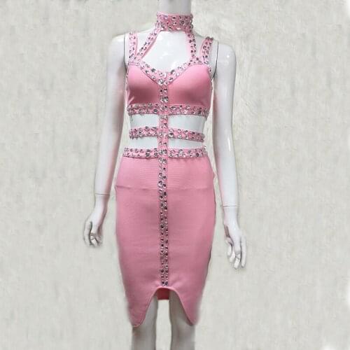 2021 Fashion Pink Grey Beading Bandage Dress Sleeveless Sexy Spaghetti Strap Evening Party Robe Solid Elegant Vestidos 56421