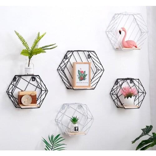 1PC Nordic Metal Grid Wall Hanging Shelf Rack Goods Convenient Storage Rack Holder Geometric Hexagon Figure Wall Decor JL 205