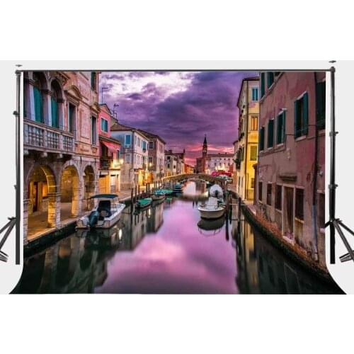 150x220cm Beautiful Waterside Town Backdrop Retro Houses Dusk View Photography Background