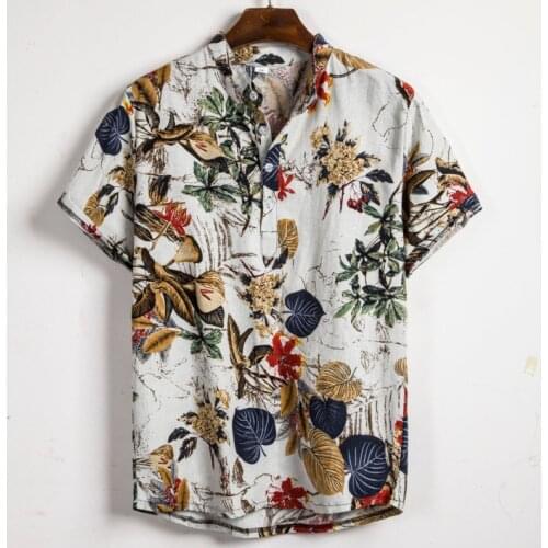 2021 Mens Linen Shirts Vintage Flower Printed Casual Breathable Cotton Button Short Sleeve Henley Shirt
