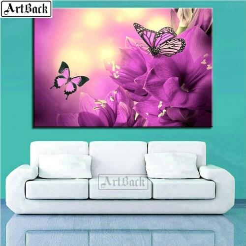 5d diy diamond painting butterfly purple flowers landscape full square 3d diamond mosaic home decoration sticker