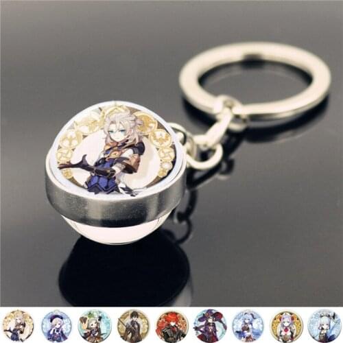 Game Genshin Impact Keychain Charms Double Sided Glass Ball Pendant Metal Key Ring Holder Genshin Crystal Keychain for Keys Gift