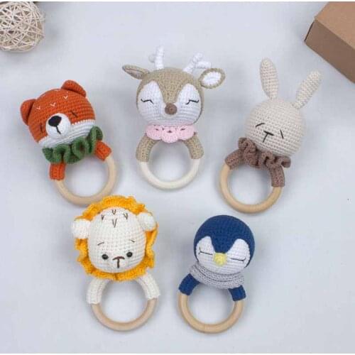 Baby Handmade Rattle Crochet Newborn Toy Organic Knitting Babies Animal Teether With Sound Gift Wood Cotton Kraft Gift Boxed Mod