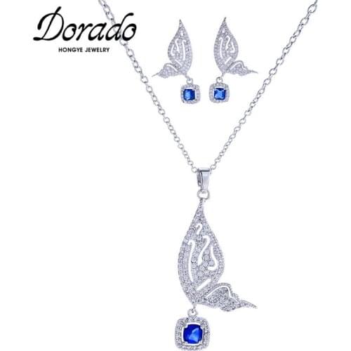 Dorado New Luxury Zircon Butterfly Drop Earrings Pendant Necklace Set for Women Fashion Clavicle Chain Gifts Jewelry Anniversary