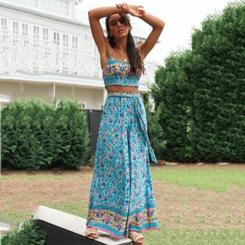 Foridol Boho Jumpsuit Summer Beach Wide Leg Overalls 2020 Women Long Rompers High Waist Sash Print Boho Jumpsuit Long Pants