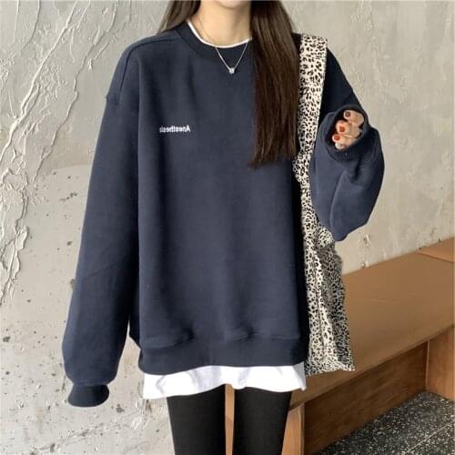 Autumn Winter Girl Korean Hoodies Oversized Loose Street Pullover Letter Printed Long Sleeve Sweatshirt Fleece Thick Tops Femmes