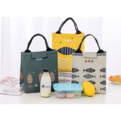 Cute Fish Portable Insulated Canvas Cooler Picnic Lunch Bag Thermal Food Tote Bento Box Tote Picnic Storage Bag Pouch Bags