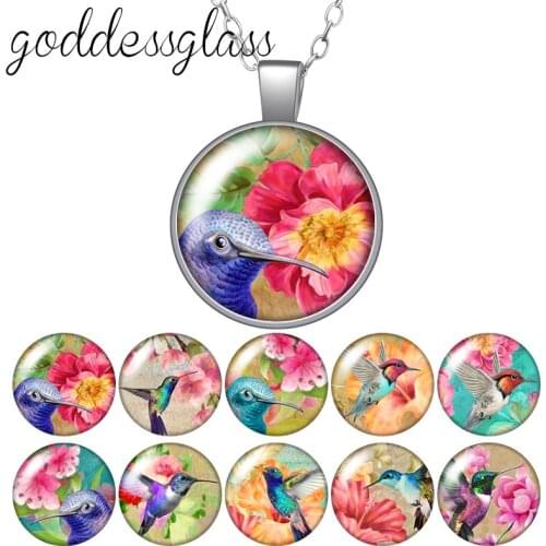 Cute Birds Flowers Hummingbird Round Glass glass cabochon silver plated/Crystal pendant necklace jewelry for Gift