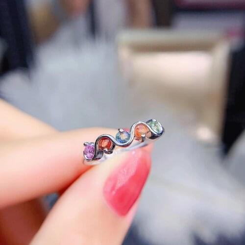 Fashion Row wave S925 silver natural Multicolor sapphire gem ring natural gemstone ring woman girl weddings gift fine jewelry