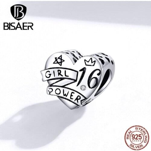 2020 New BISAER 925 Sterling Silver Girl Power Beads Girl Power Engraved in Love Heart Charms for Jewelry Making ECC1437