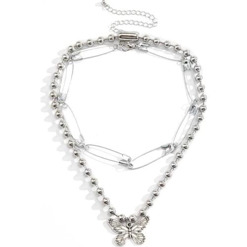 2021 The New Layered Necklace Alloy Chain Paperclip Choker Butterfly Dangle Necklace Pendant Clavicle Necklace For Lady