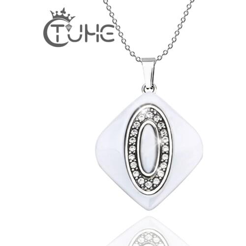 Hot Sale Silver Color Ceramic Pendant Necklaces for Women Stainless Steel AAA Crystal Charm Vintage Jewelry Brand Accessories