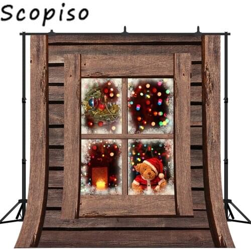 Scopiso Christmas Decor wood Window bear Snow Scenic Photography Backgrounds Custom Photographic For Photo Studio Backdrops
