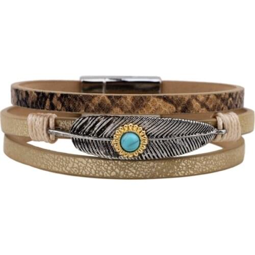 FYJS Unique Silver Plated Feather with Green Turquoises Stone Bead Handmade Weave Leather Bracelet Classic Jewelry