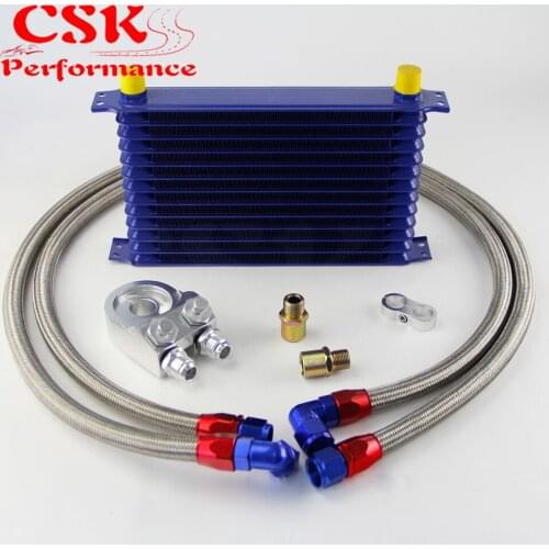 Universal 13 Row 262mm AN10 Engine Transmission Oil Cooler Trust Type + Aluminum Filter Adapter Kit Silver/Blue