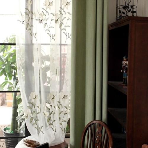 Embroidered Floral Sheer Curtain For Living Room Green Leaf Elegant Organza Fabric Slub Cotton Bay Window Treatment Drape zh421C