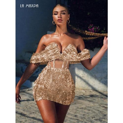 2021 Deep V Neck Fall Gold Sequins Halter Sexy Dress Women OFF Shoulder Mini Dress Christmas Party Club Sling Dress Vestidos