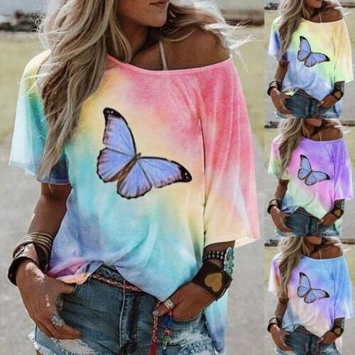 35# Women Plus Size woman tshirts One Shoulder BohoTie-dye Oversized T shirt Butterfly Print T-Shirt Top Loose женские футболки