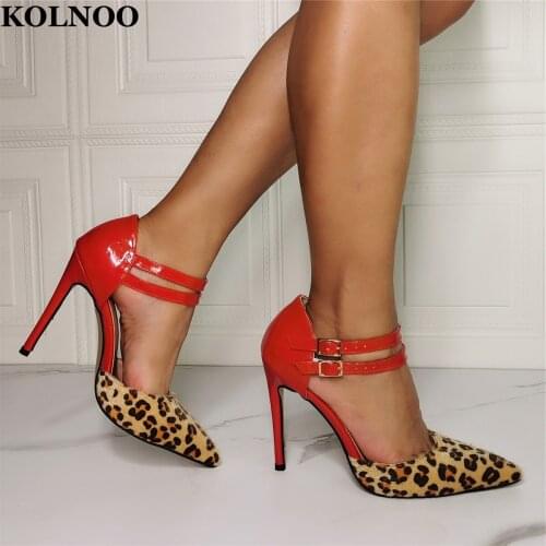 KOLNOO Handmade Womens High Heeled Pumps Leopard&Patent Leather D'Oray Style Buckle Strap Sexy Evening Party Fashion Court Shoes