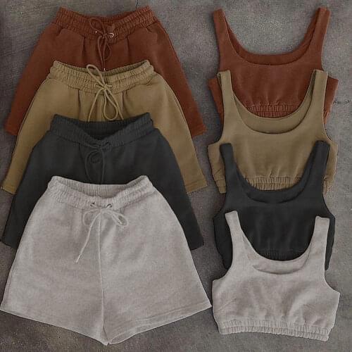 Casual Solid Sportswear Two Piece Sets Women 2021 Crop Top And Drawstring Sports Shorts Matching Set Summer Athleisure Outfits