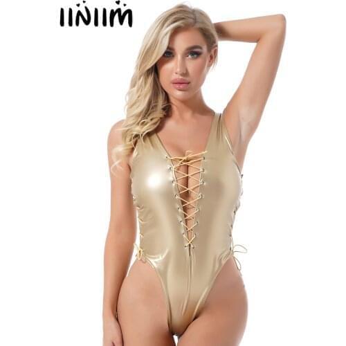 Women Shiny Bodysuit Underwear Plunging Neckline Lace-up Faux Leather Swimsuit Hollow Out Sleeveless High Cut Leotard Catsuit
