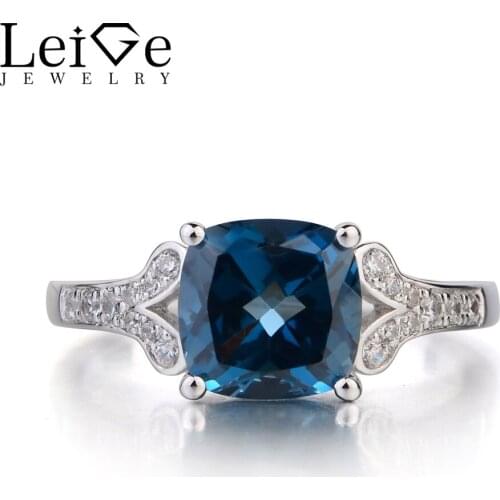 Leige Jewelry Solid 925 Sterling Silver London Blue Topaz Ring November Birthstone Gemstone Cushion Cut Wedding Ring for Women