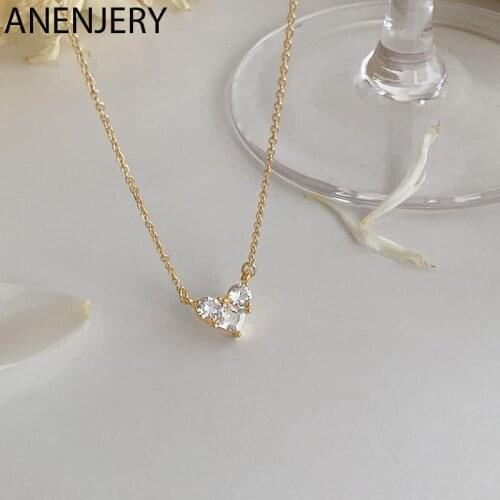 ANENJERY 925 Sterling Silver Zircon Heart Necklace for Women Shiny Clavicle Chain Jewelry Gift Wholesale