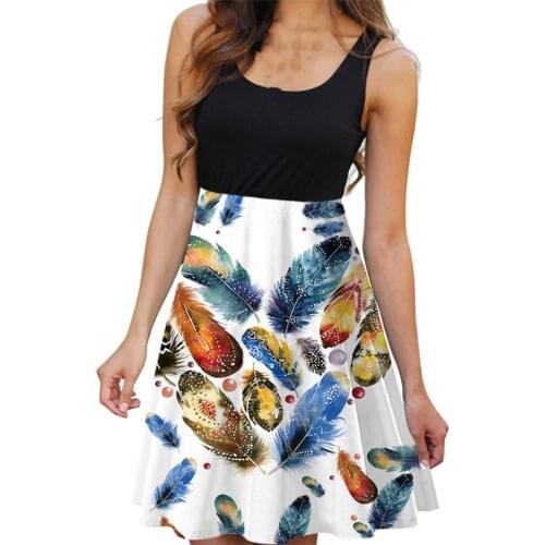 Womens Sleeveless Camisole Round Neck Digital Printing Casual Above Knee Sundress Tank A-line Patchwork Vestidos De Mujer