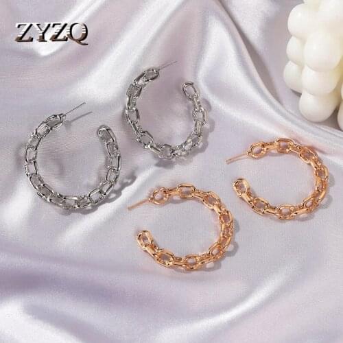 ZYZQ Winter Gold Color Chain Hoop Earrings For Woemn Fashion Geometric Circle Round Earrings Oorbellen Pendientes Mujer Jewelry